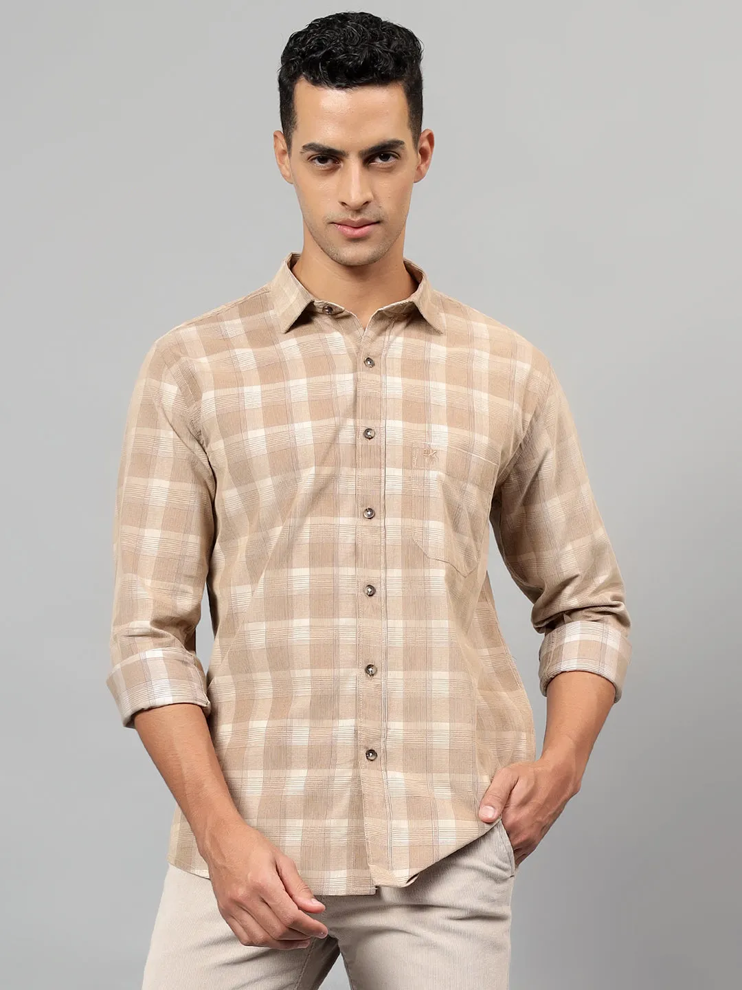 Men's Beige Checked Casual Full Sleeves Shirt