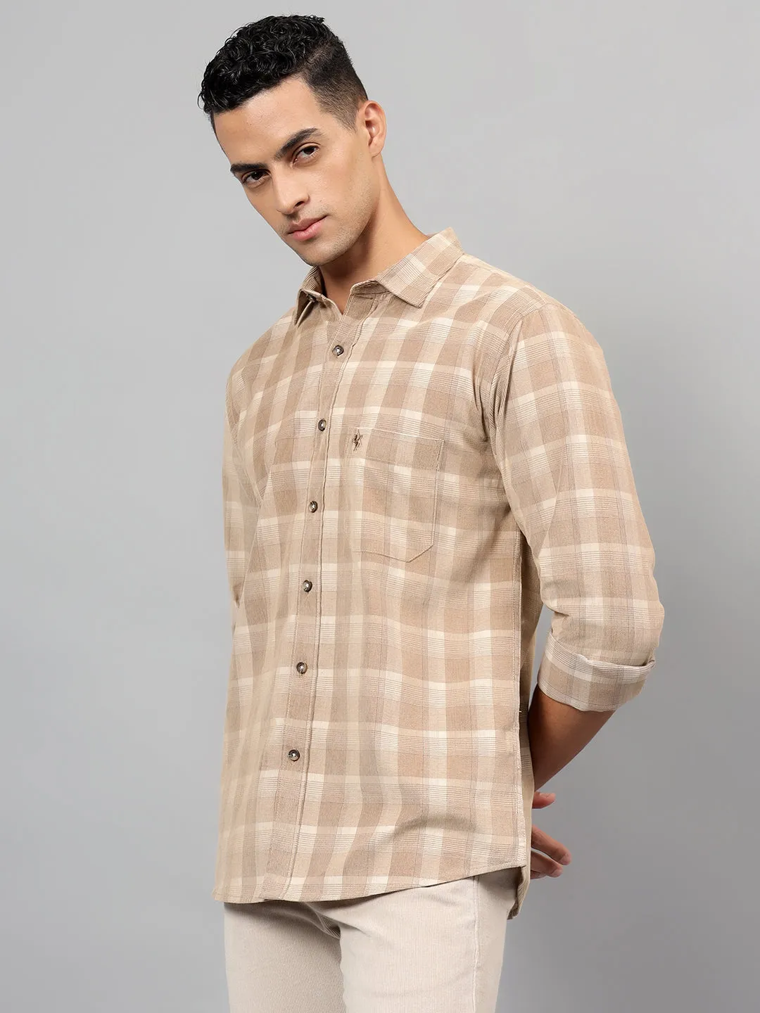 Men's Beige Checked Casual Full Sleeves Shirt