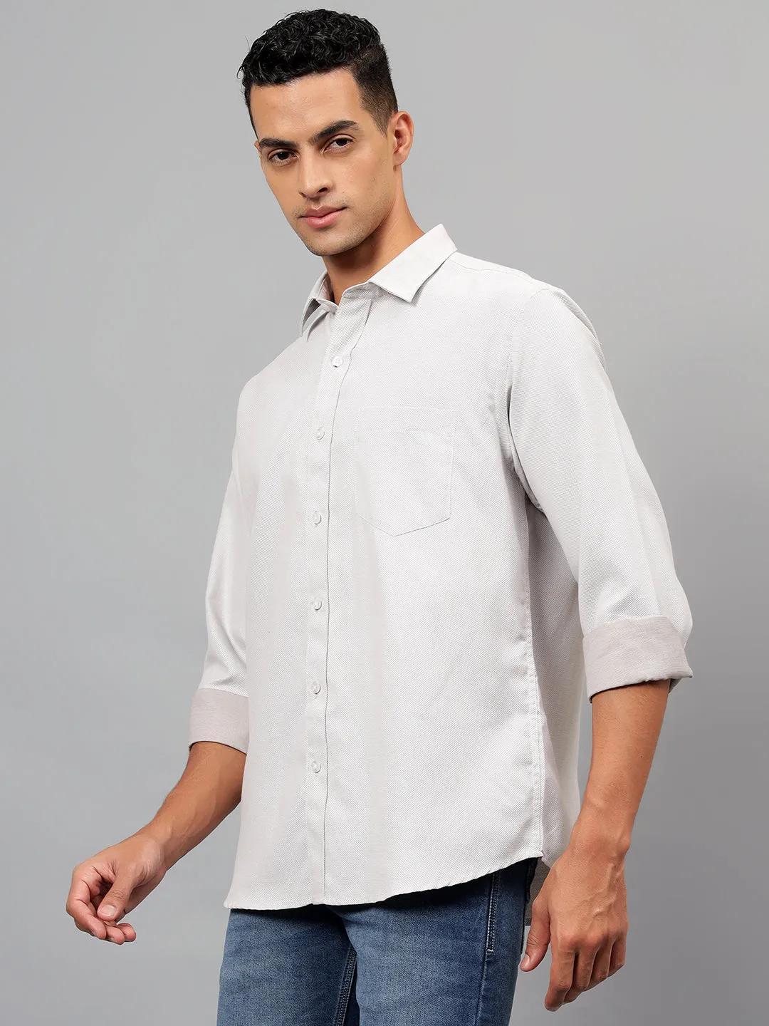 Men's Beige Self Design Casual Full Sleeves Shirt
